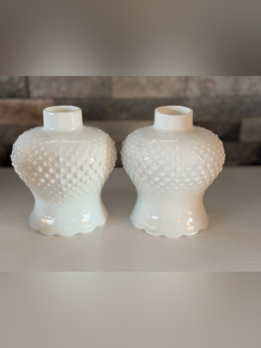 2 White 1960’s Milk Glass Hobnail Hurricane Chandelier Light Lamp Globe